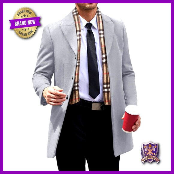 Wool Blend Trench Coat Classic Single Breasted Detachable Scarf Overcoat